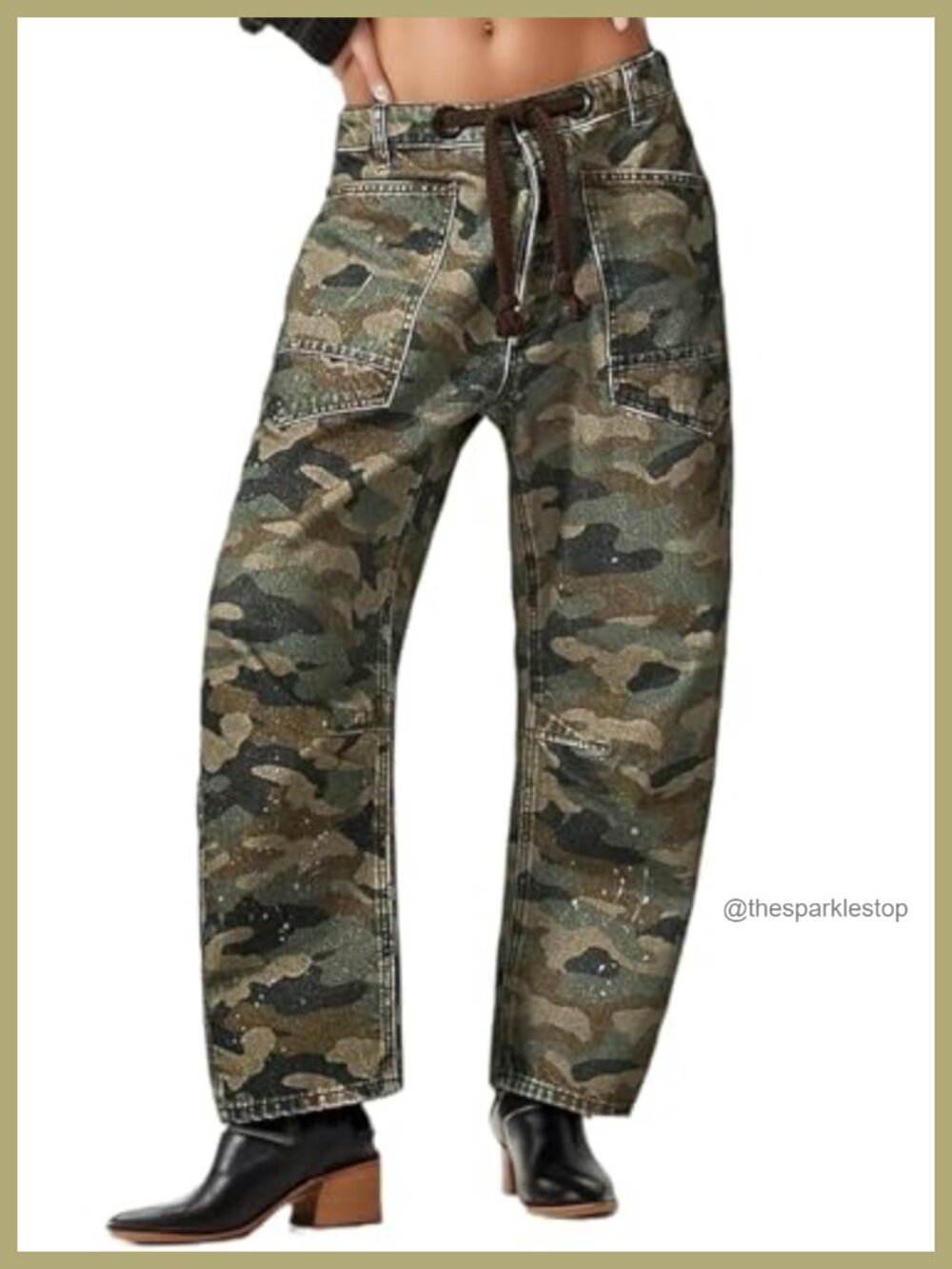 Women's Baggy Camo Barrel Jeans Mid Rise Drawstring Denim Pants